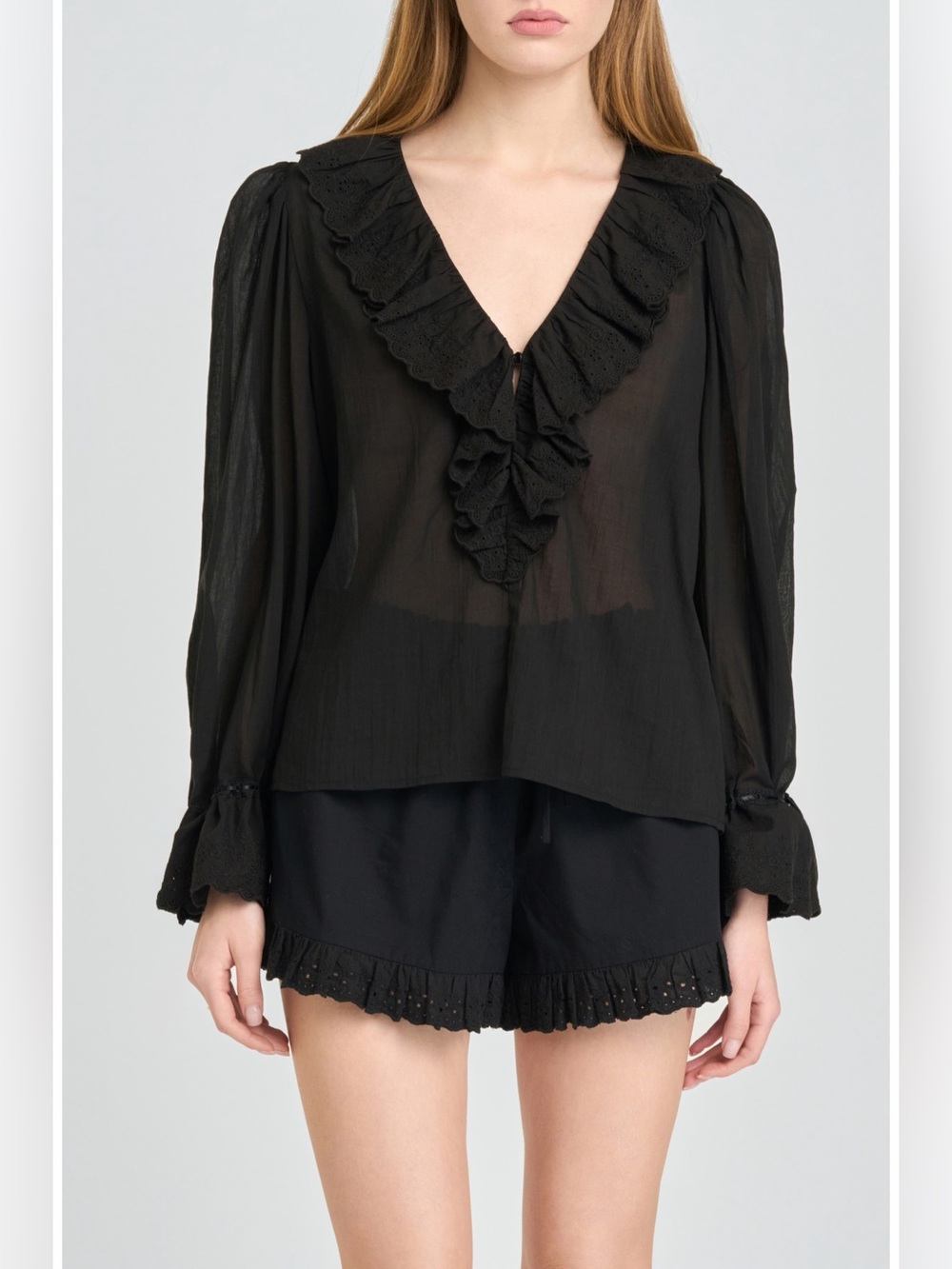 WAYF Helena Eyelet Ruffle Cotton Lawn Top Black XL NWOT Semi Sheer Blouse